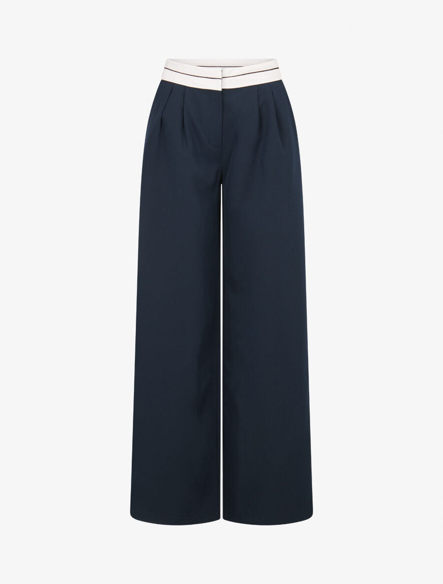 Pantalon wide leg à taille contrastante - Marine - 1
