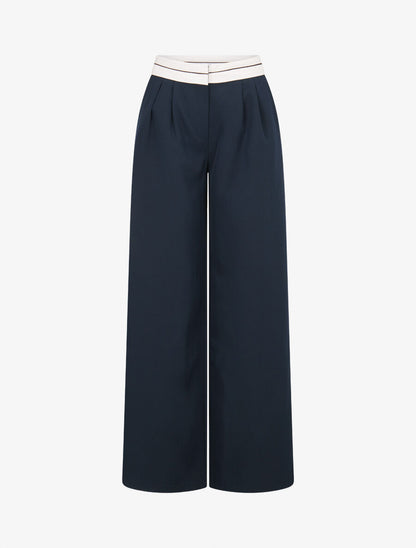 Pantalon wide leg à taille contrastante - Marine - 1