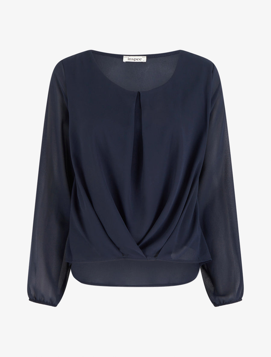 Blouse en voile à effet drapé - Marine - 1