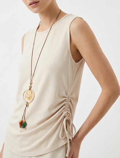 Top arricciato senza maniche con collo rotondo - Beige