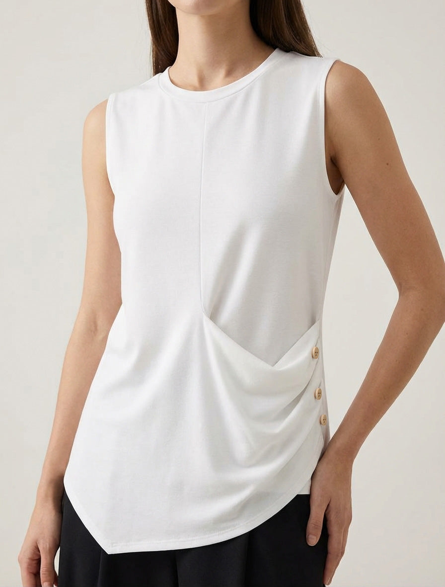 Top senza maniche effetto drappeggiato con bottoni - Bianco