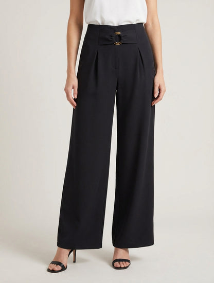 Pantaloni ampi a vita alta con fibbia decorativa. - Nero