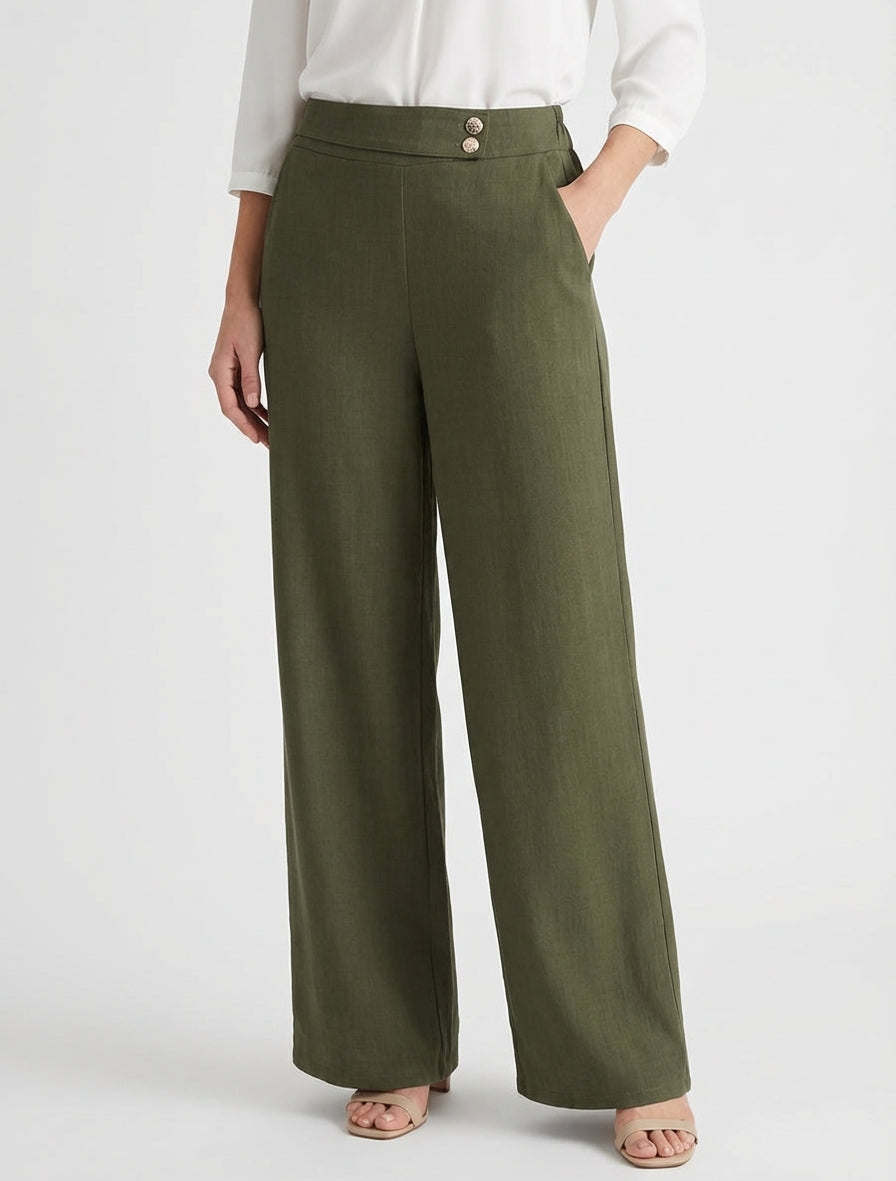 Pantaloni ampi con cintura e bottoni - Cachi