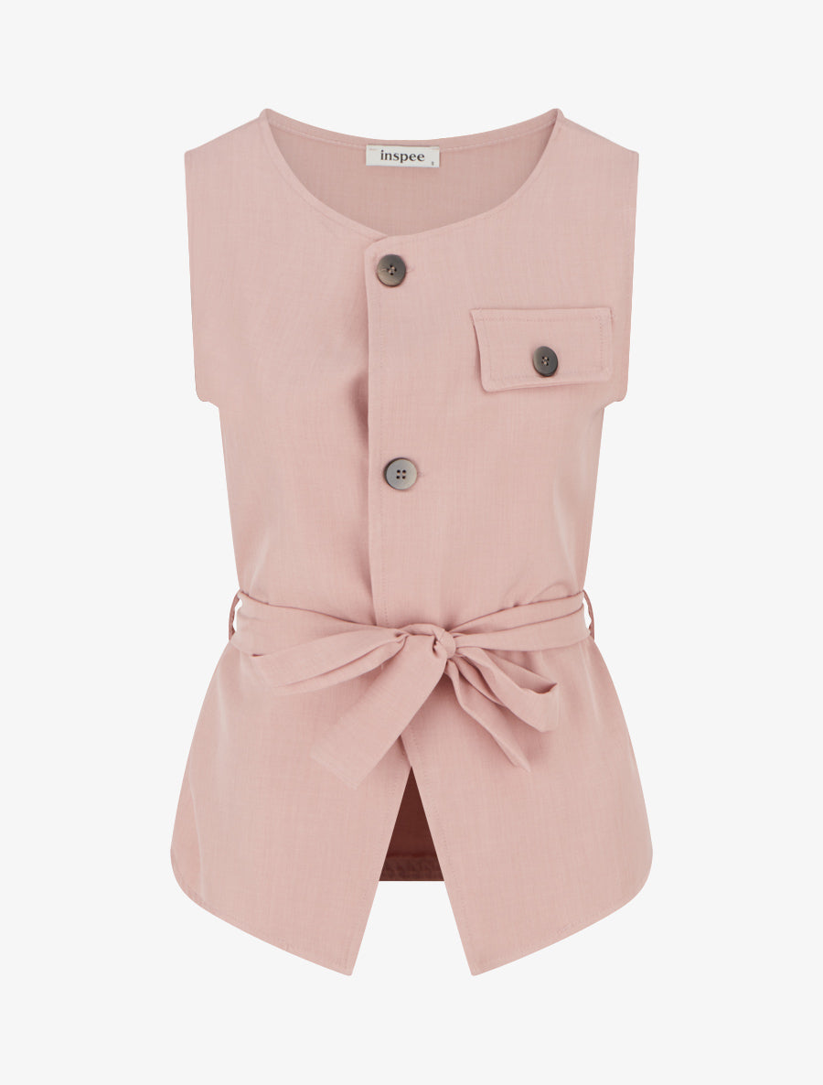 Top boutonné sans manches à poche décorative - Vieux rose - 1