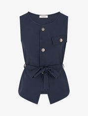 Top boutonné sans manches à poche décorative - Marine - 1