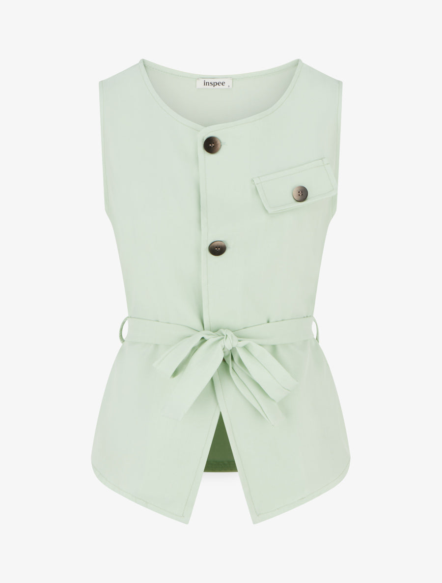 Top boutonné sans manches à poche décorative - Vert pomme - 1