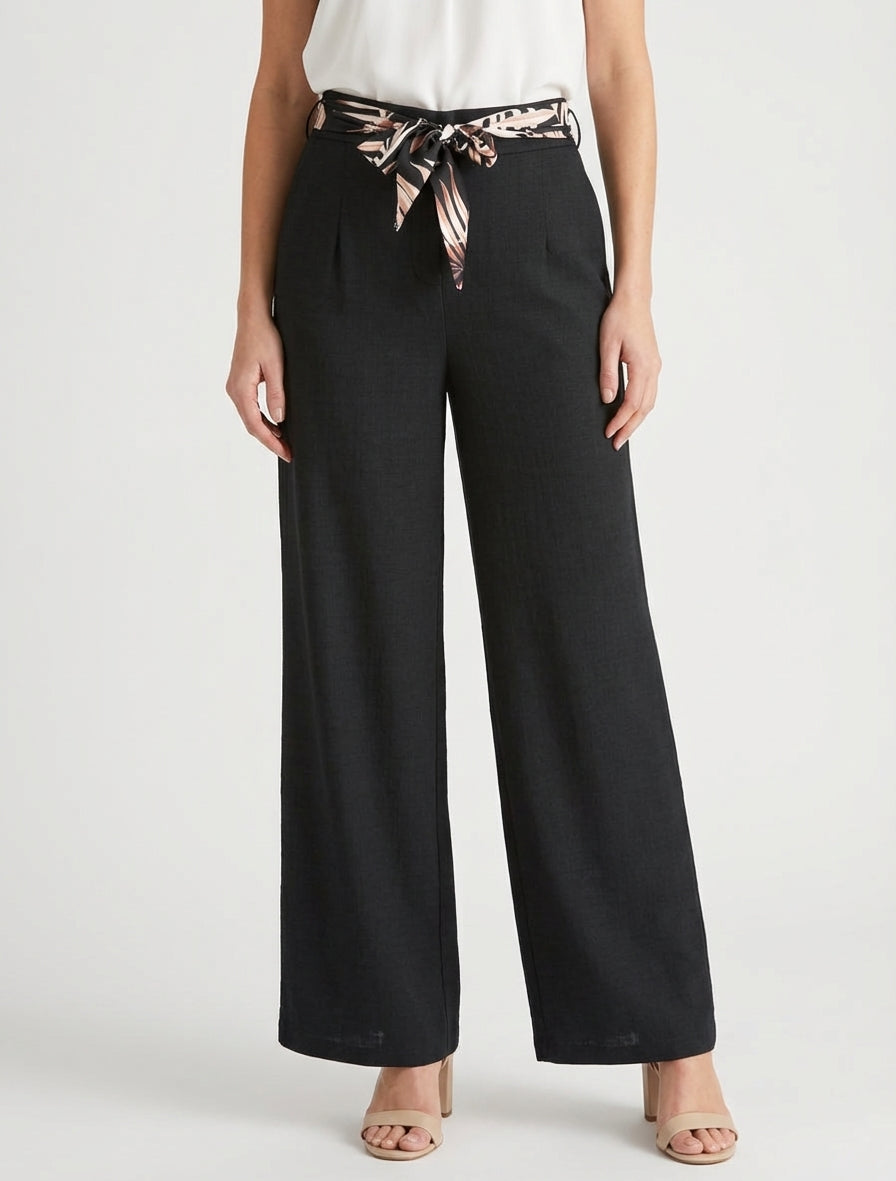 Pantaloni dritti con cintura effetto lino - Nero