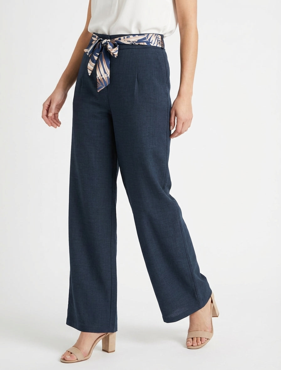 Pantaloni dritti con cintura effetto lino - Marina