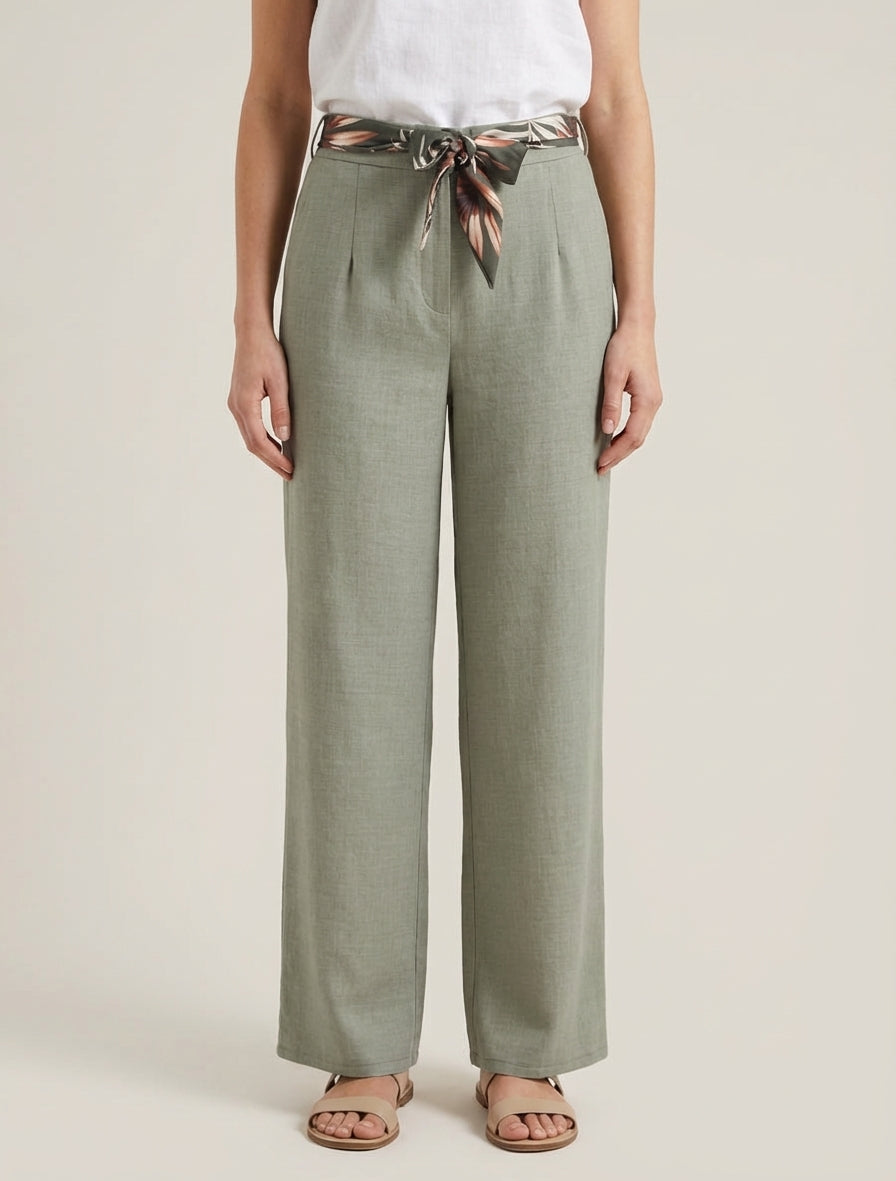 Pantaloni dritti con cintura effetto lino - Cachi