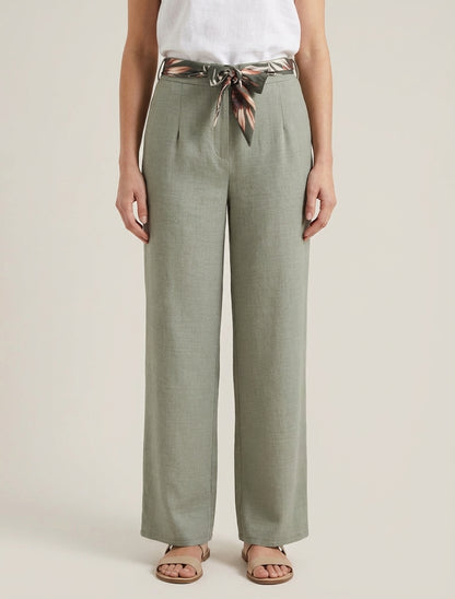 Pantaloni dritti con cintura effetto lino - Cachi