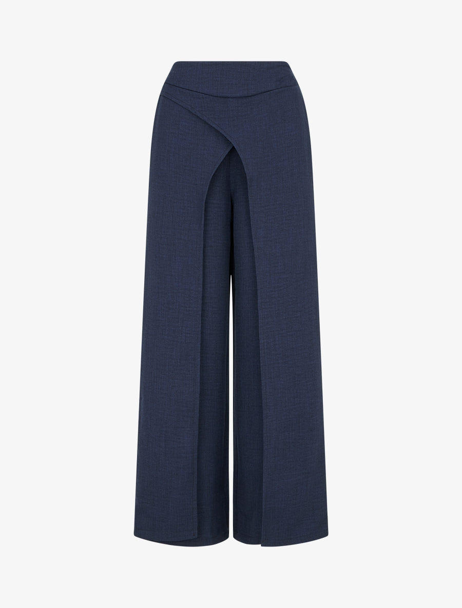 Pantalon droit effet lin à double pans - Marine - 1