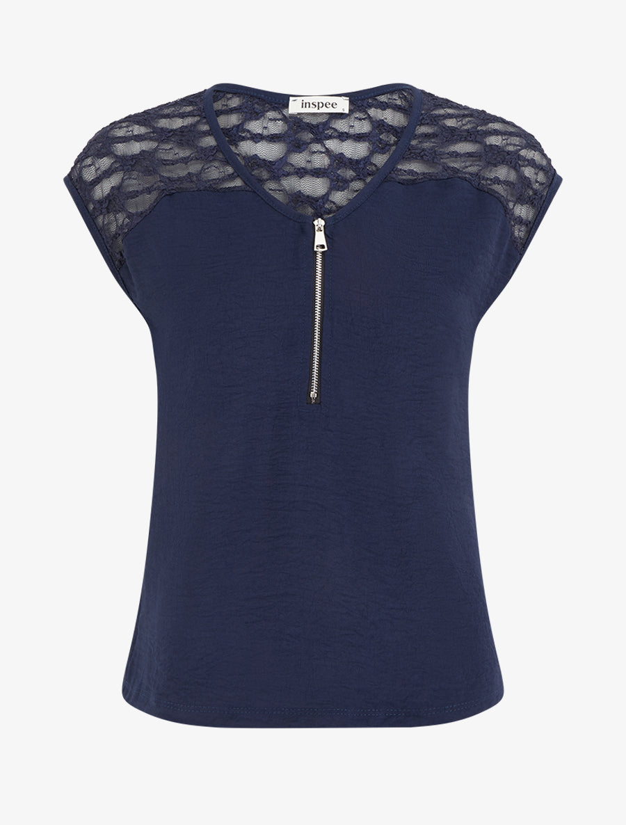 Top droit à zip et dentelle - Marine - 1