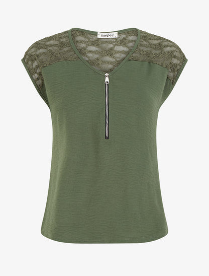 Top droit à zip et dentelle - Kaki - 1