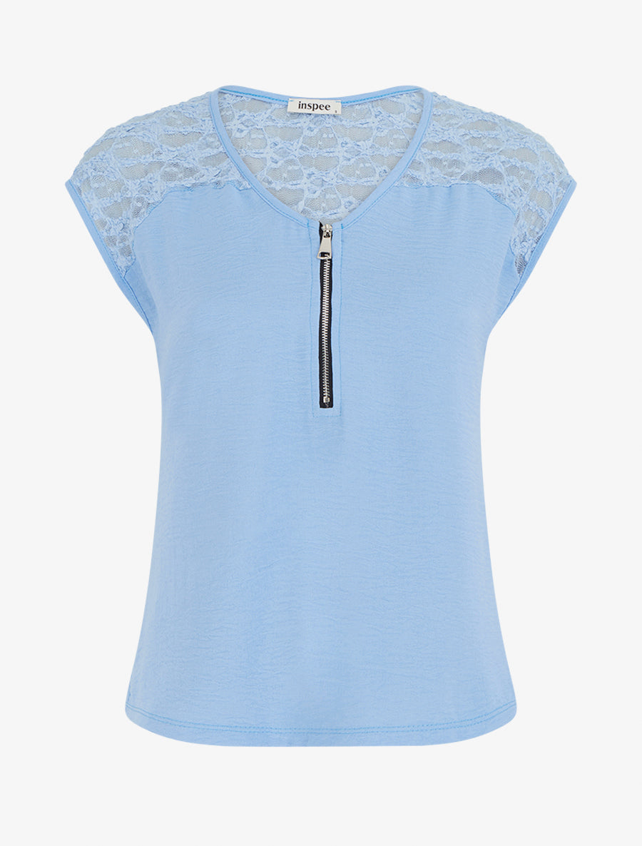 Top droit à zip et dentelle - Bleu ciel - 1