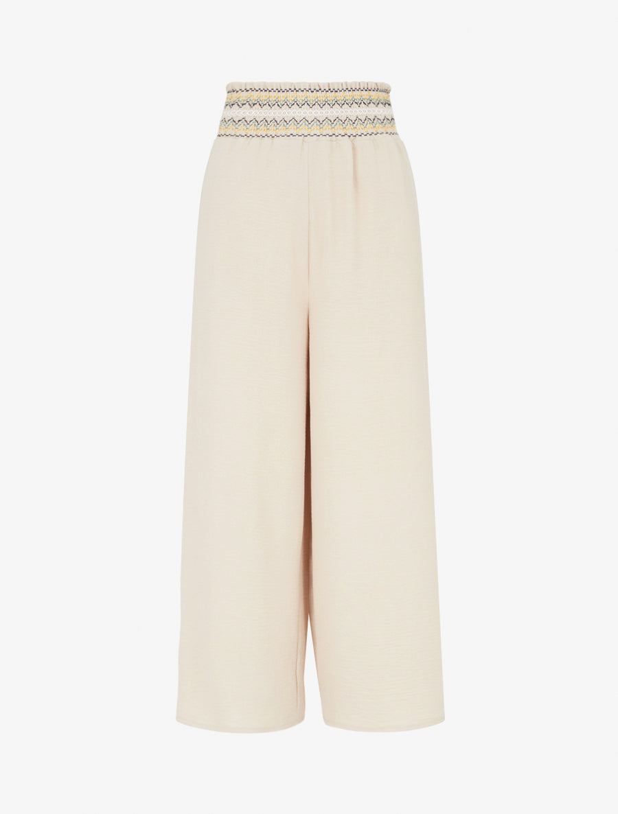 Pantalon droit à taille haute élastiquée - Beige - 1