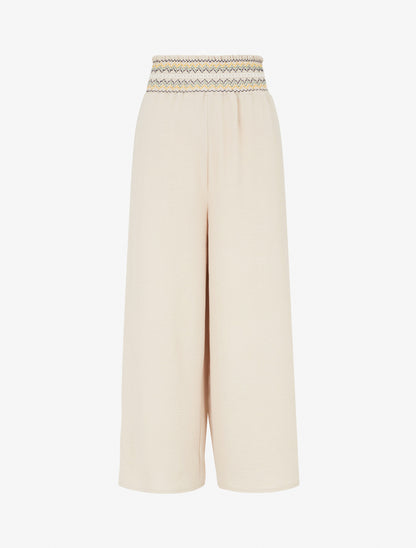 Pantalon droit à taille haute élastiquée - Beige - 1