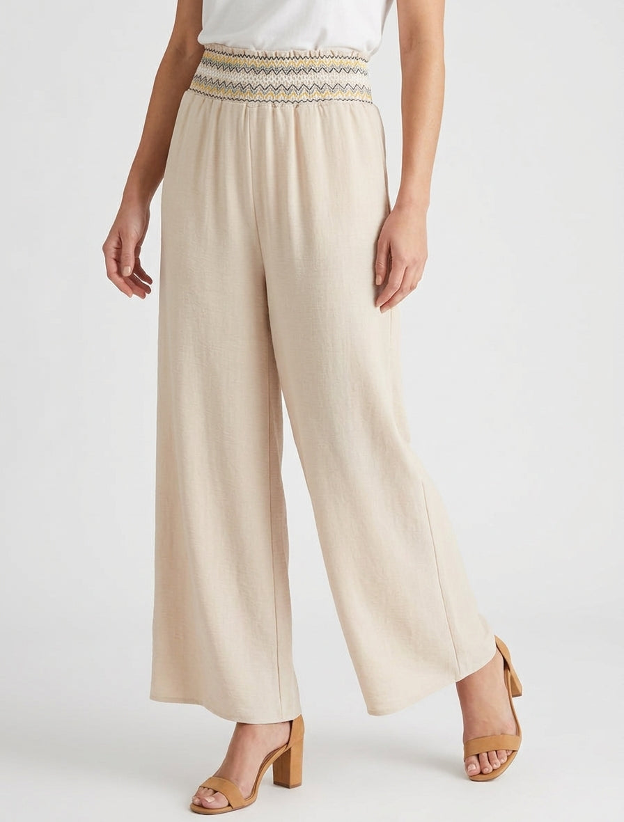 Pantaloni dritti a vita alta elasticizzata - Beige