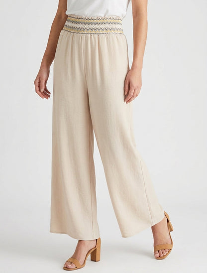 Pantaloni dritti a vita alta elasticizzata - Beige