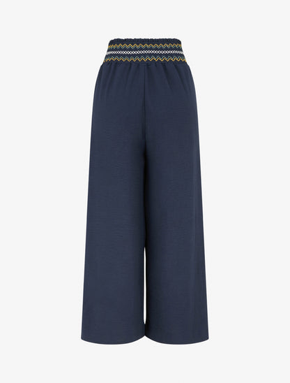 Pantalon droit à taille haute élastiquée - Marine - 2