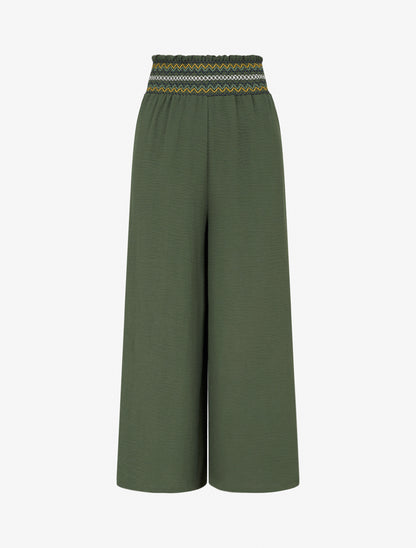 Pantalon droit à taille haute élastiquée - Kaki - 1