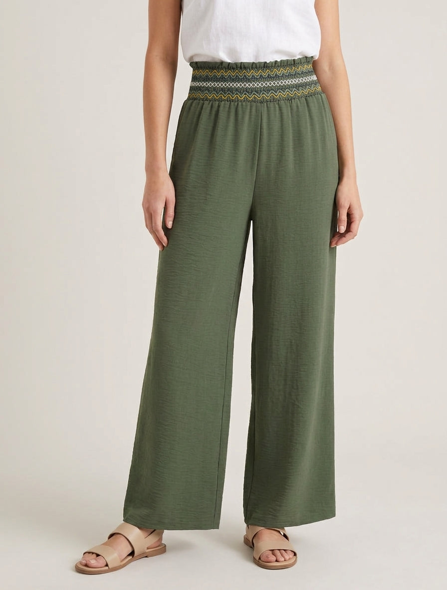 Pantaloni dritti a vita alta elasticizzata - Cachi