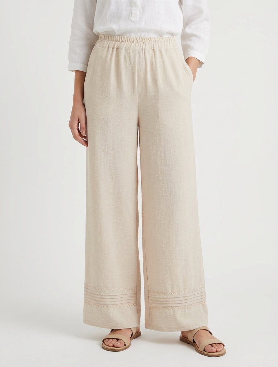 Pantaloni ampi con bordi ricamati - Beige