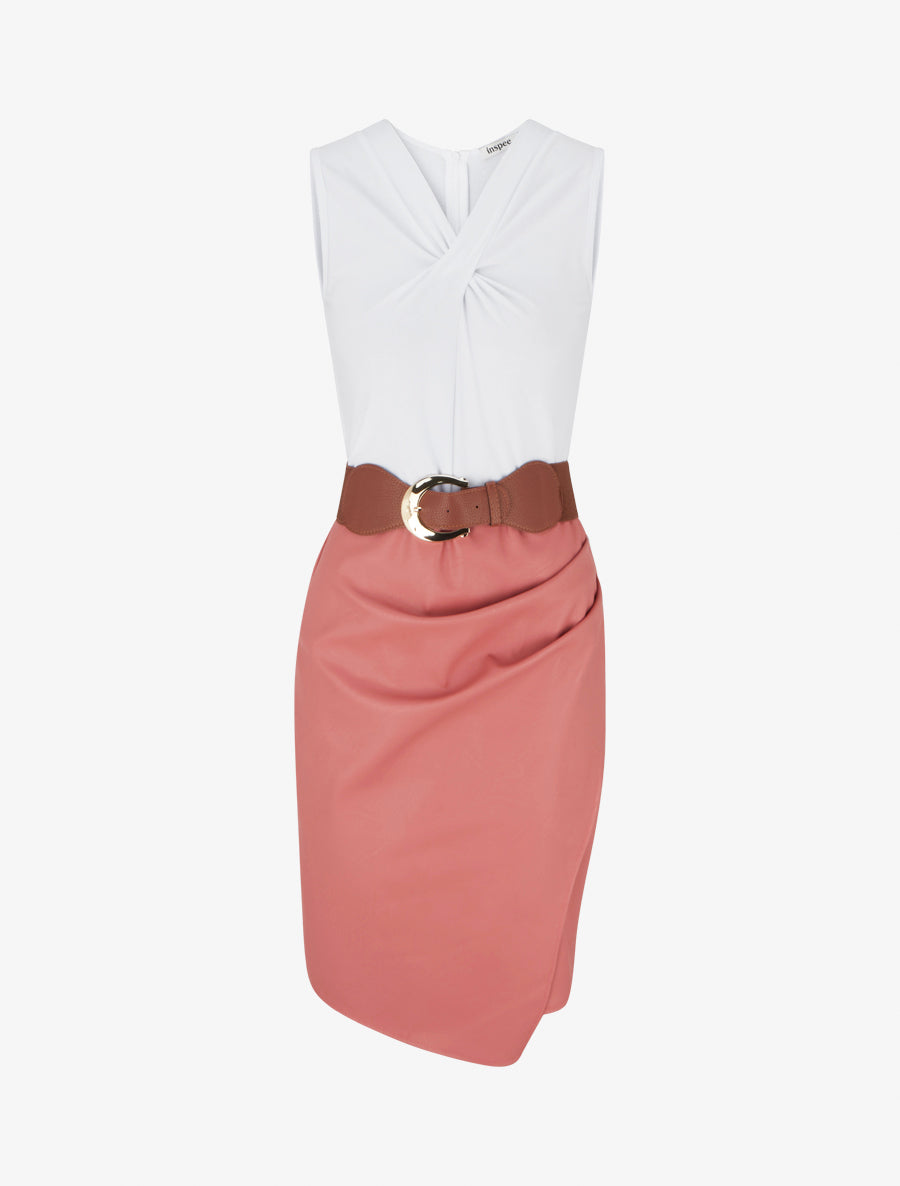 Robe bimatière à col V - Rose saumon - 1