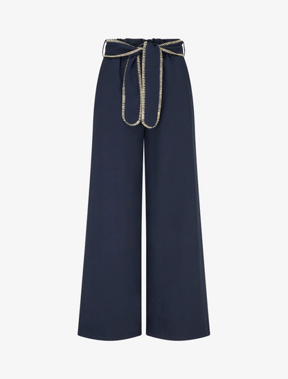 Pantalon ceinturé à détail irisé - Marine - 1