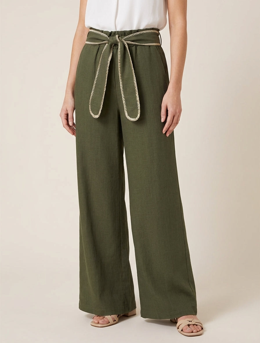 Pantaloni con cintura e dettaglio iridescente - Cachi