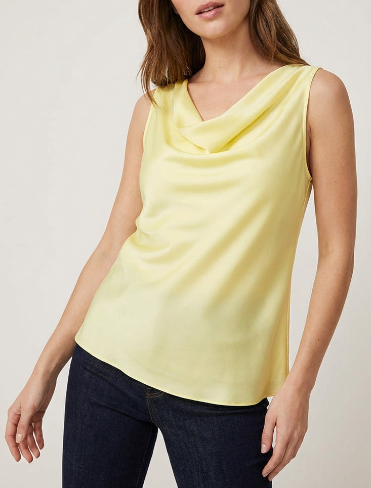 Top satinato senza maniche con scollo a cascata - Giallo limone