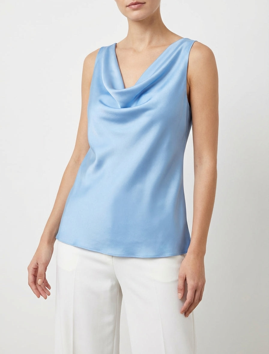 Top satinato senza maniche con scollo a cascata - Azzurro cielo