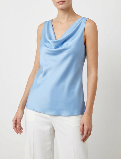 Top satinato senza maniche con scollo a cascata - Azzurro cielo