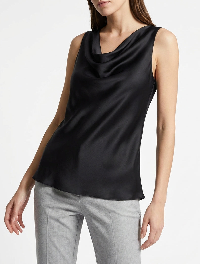 Top satinato senza maniche con scollo a cascata - Nero