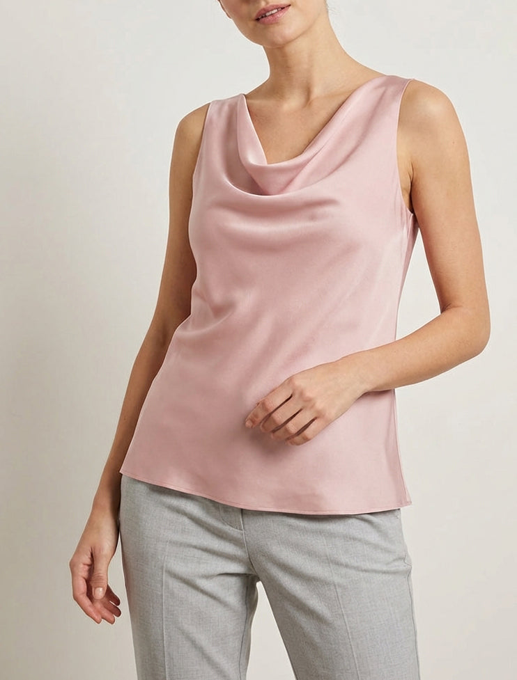 Top satinato senza maniche con scollo a cascata - Rosa antico