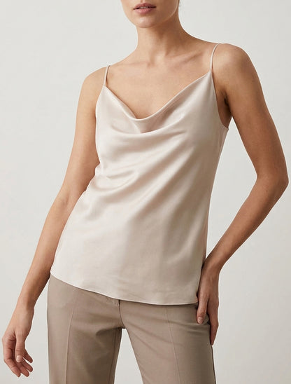 Canotta satinata con scollo a cascata - Beige chiaro