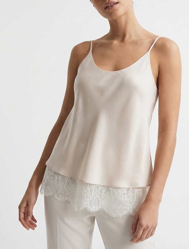 Caraco satinato con bordi in pizzo - Beige chiaro