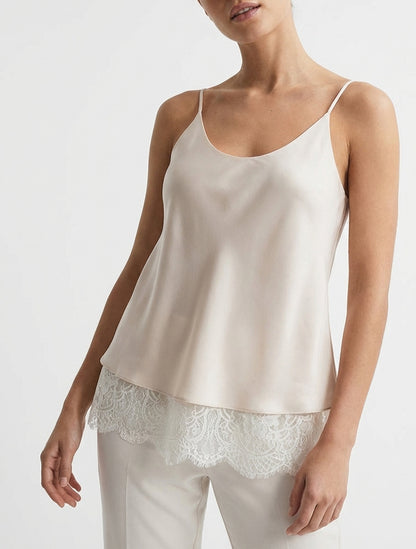 Caraco satinato con bordi in pizzo - Beige chiaro