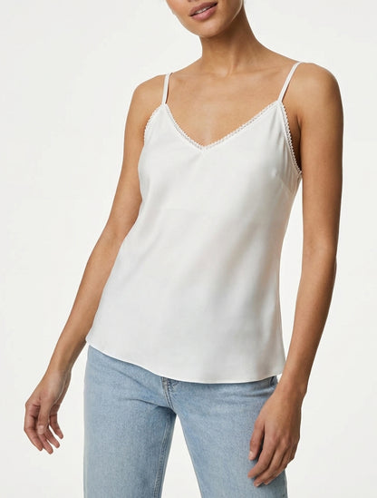 Canotta satinata con scollo a V ricamato - Bianco