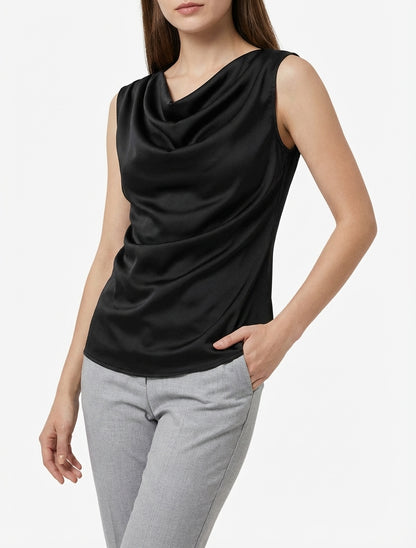 Top satinato con scollo a cascata - Nero
