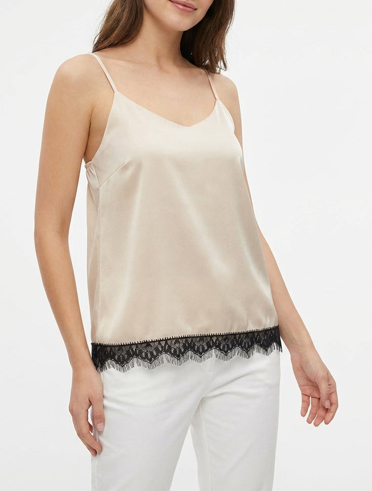 Camicetta satinata con bordo in pizzo - Beige
