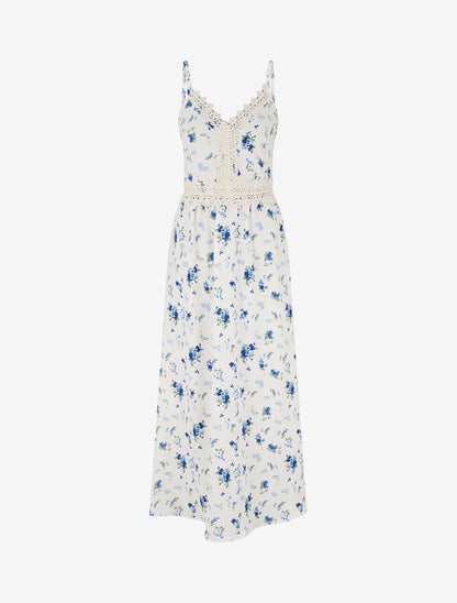 Robe longue imprimé petites fleurs à détail crochet - Bleu - 1