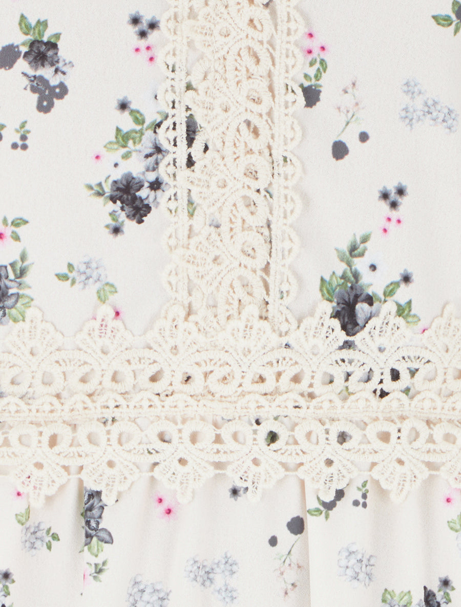 Robe longue imprimé petites fleurs à détail crochet - Noir - 3