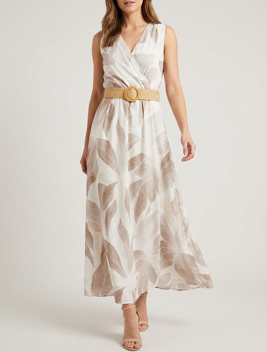 Abito stampato con foglie a collo incrociato - Beige