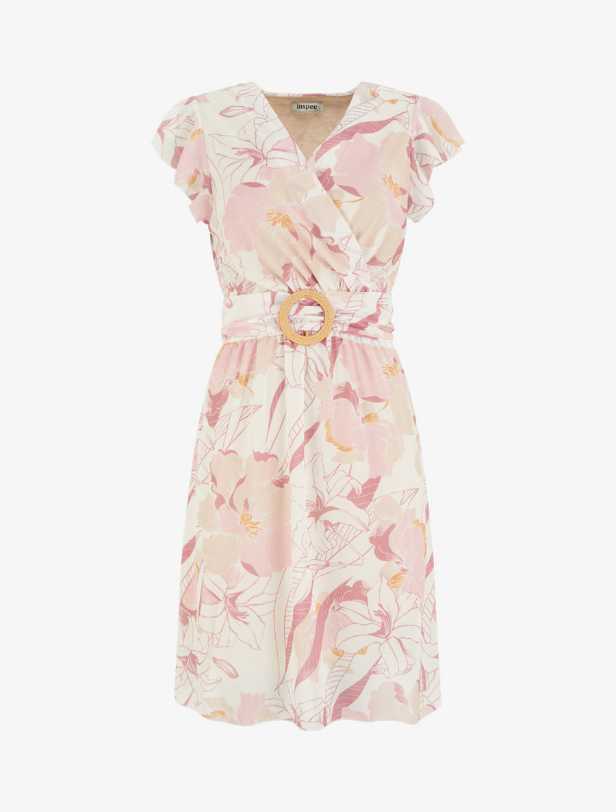 Robe mi-longue imprimé grandes fleurs à boucle - Rose - 1