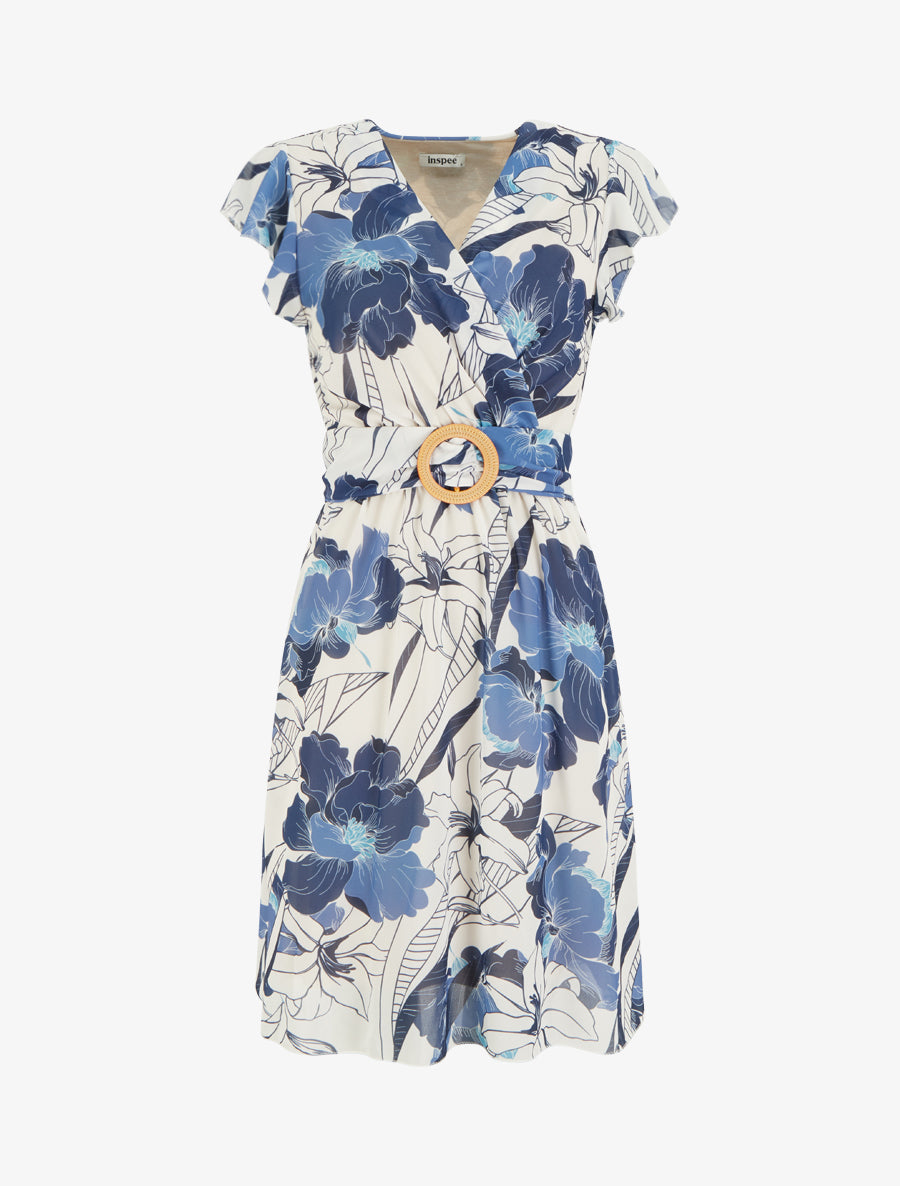 Robe mi-longue imprimé grandes fleurs à boucle - Marine - 1