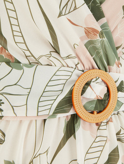 Robe mi-longue imprimé grandes fleurs à boucle - Kaki - 3