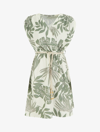 Robe mi-longue sans manches imprimé tropical - Kaki - 1