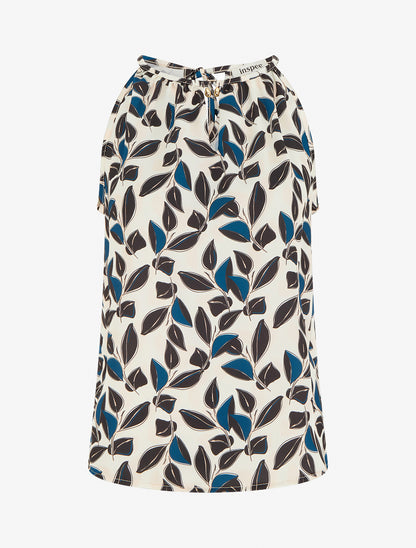 Top satiné sans manches imprimé feuilles - Noir - 1