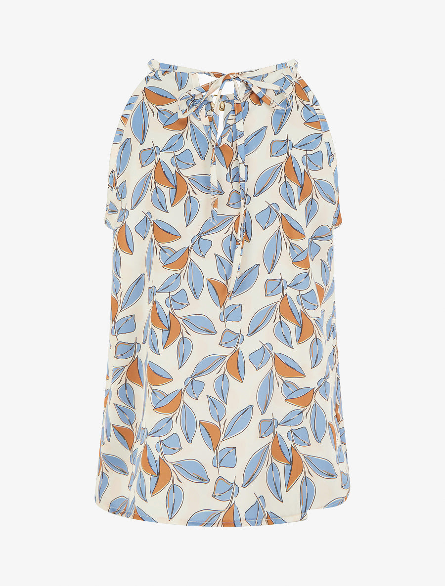 Top satiné sans manches imprimé feuilles - Bleu ciel - 2