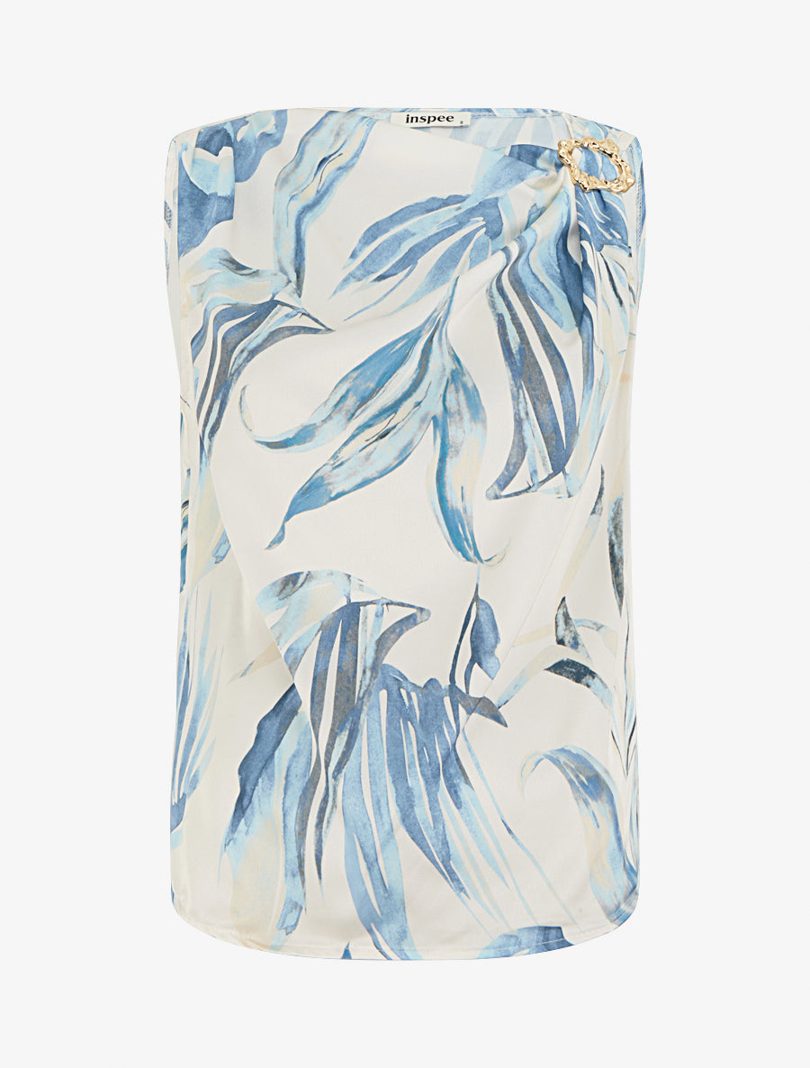 Top satiné imprimé feuilles et bretelle à bijou - Bleu - 1